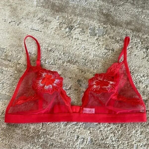 Malizia by La Perla Vintage Sheer Lace Red Wireless Bra Embroidered Floral: 4/38